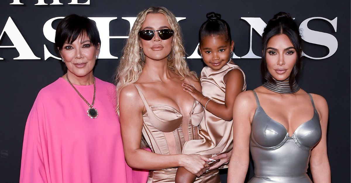 Kris Jenner, Khloe Kardashian, True Thompson, and Kim Kardashian at the season 2 premiere of The Kardashians on Hulu, 2022