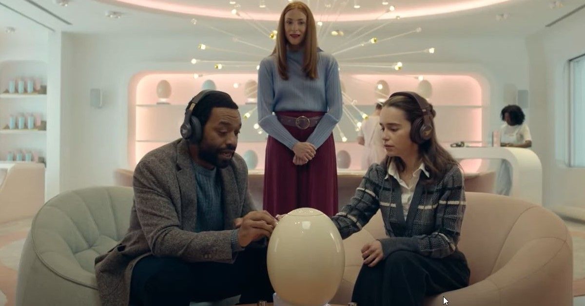 Chiwetel Ejiofor, Emilia Clarke and Rosalie Craig in stills from The Pod Generation.