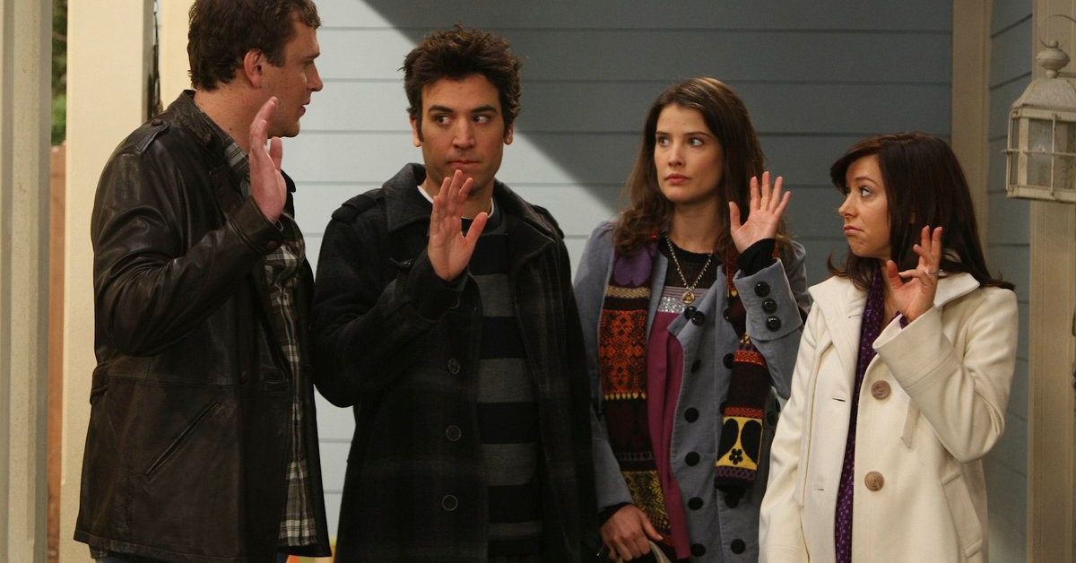 Marshall, Ted, Robin and Lily raising their hands on How I Met Your Mother