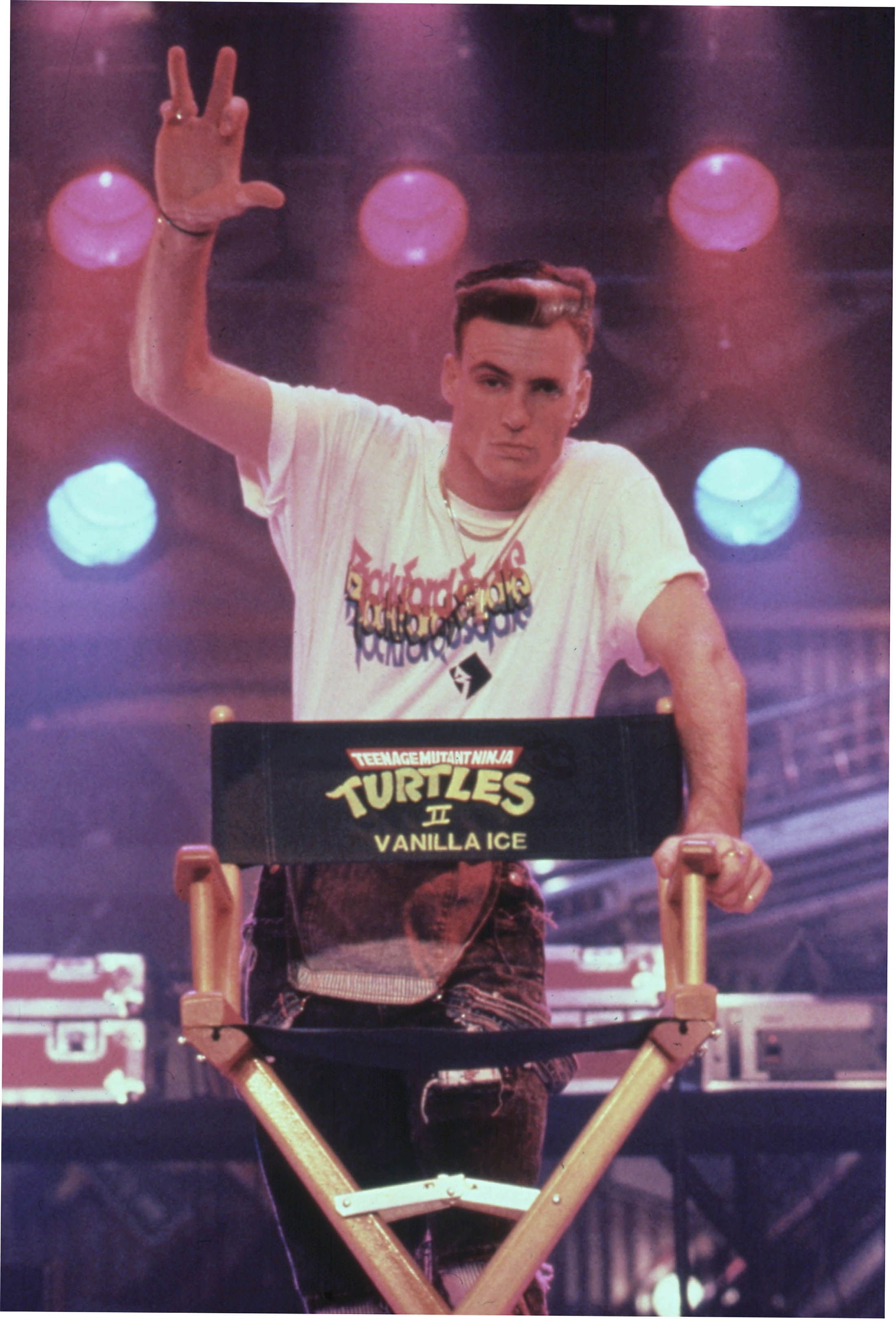 Vanilla Ice in the set of Teenage Mutant Ninja Turtles 2 The Secret Of The Ooze (1991)