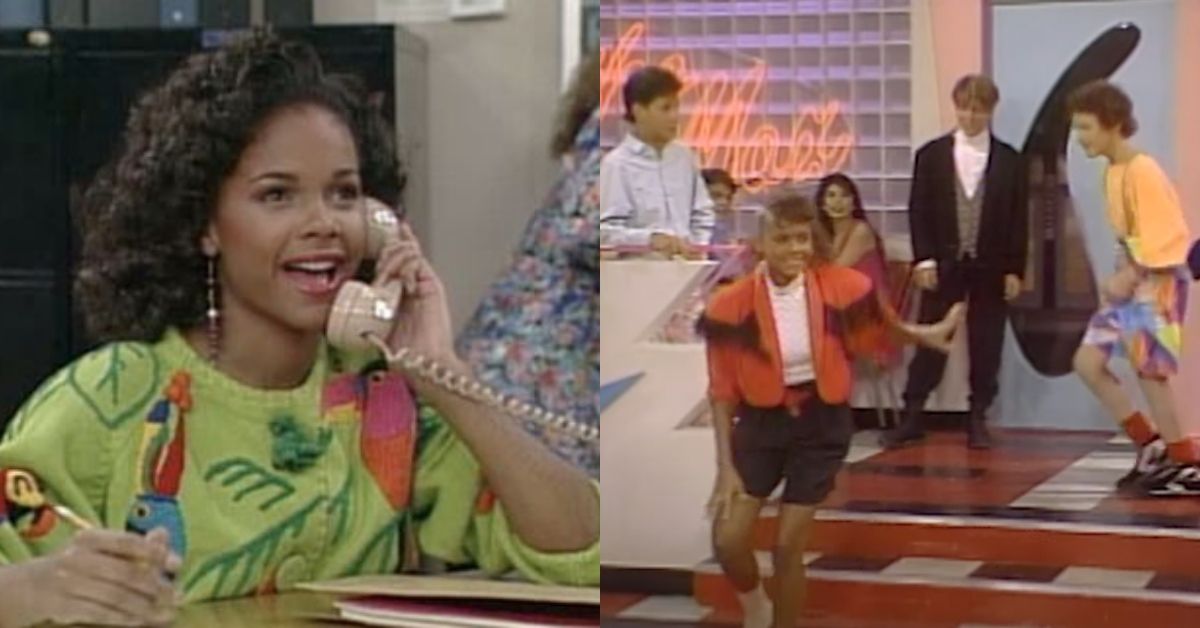 A split shot of Lisa Turtle on her phone and dancing on Saved By The Bell.