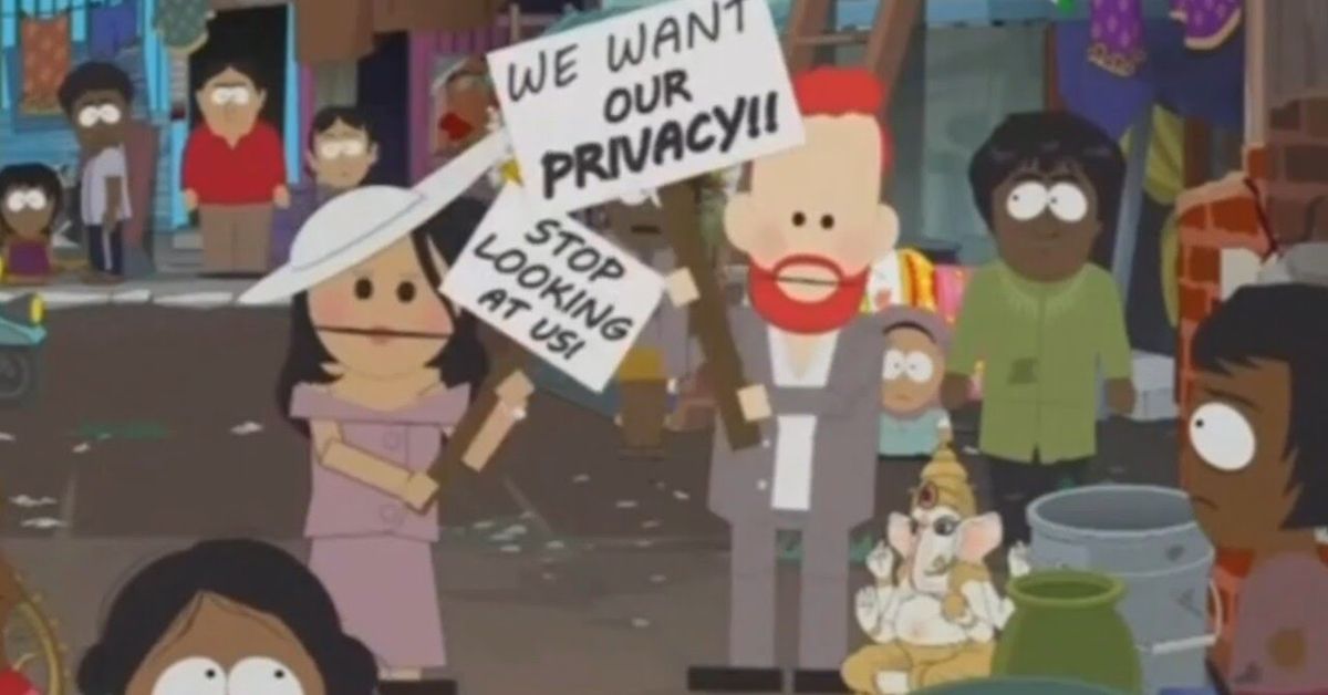 The Prince and his wife characters holding up signs on South Park