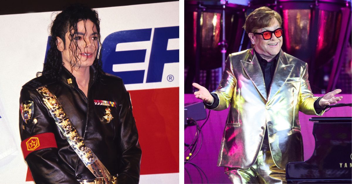 Michael Jackson on red carpet; Elton John on stage