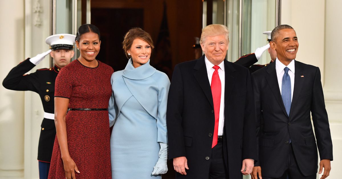 President Donald Trump, President Barack Obama, Michelle Obama, and Melania Trump outside the White House