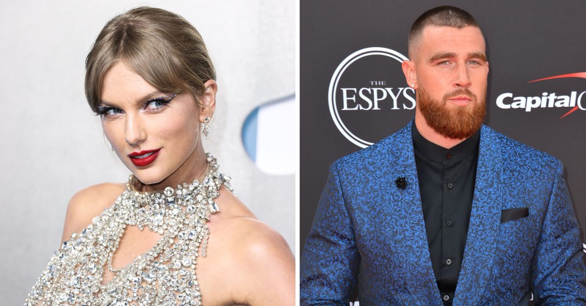 Split image of Taylor Swift and Travis Kelce dressed up at events