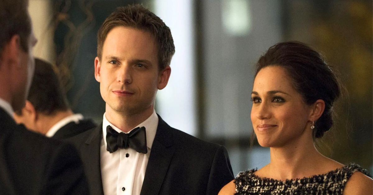 A scene on the legal drama, Suits with Meghan Markle and Patrick J. Adams
