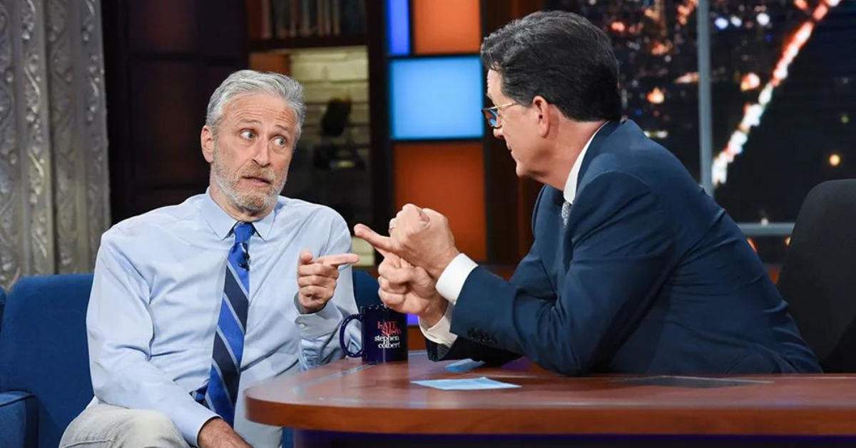 Stephen Colbert and Jon Stewart on the set of The Late Show with Stephen Colbert