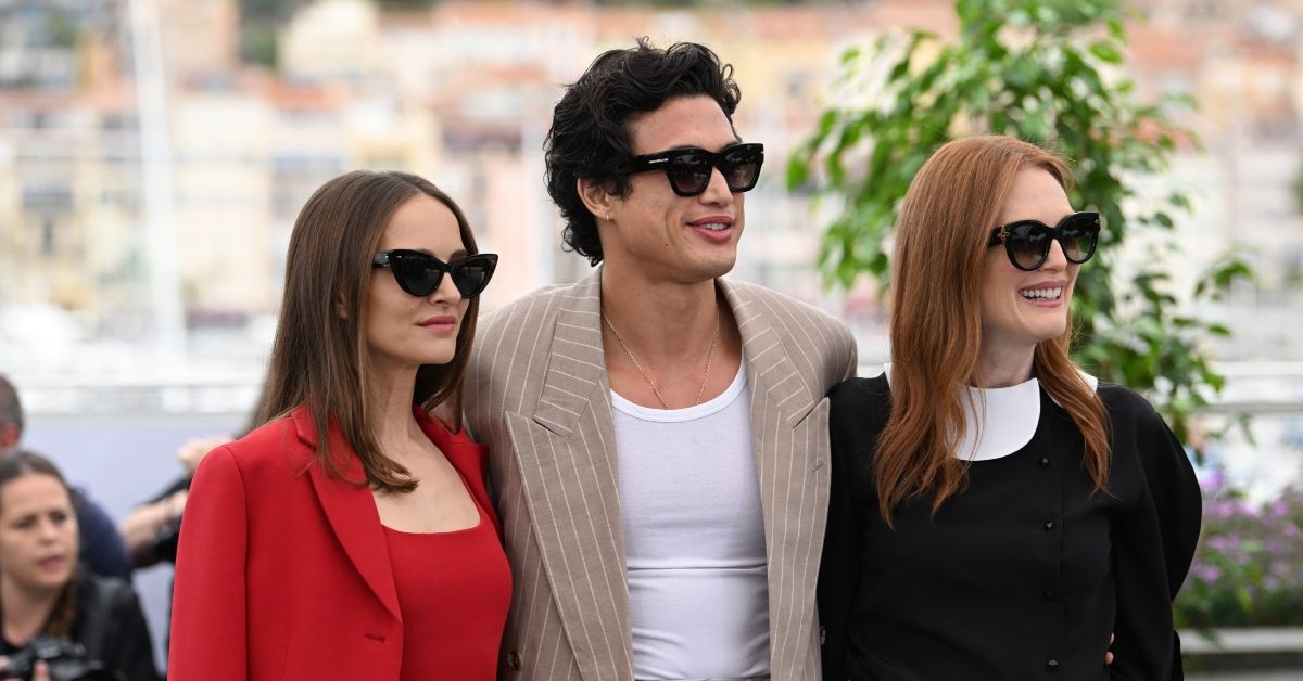Julianne Moore, Charles Melton, and Natalie Portman wearing matching sunglasses
