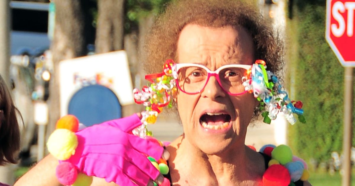 Richard Simmons outside in a colorful outfit