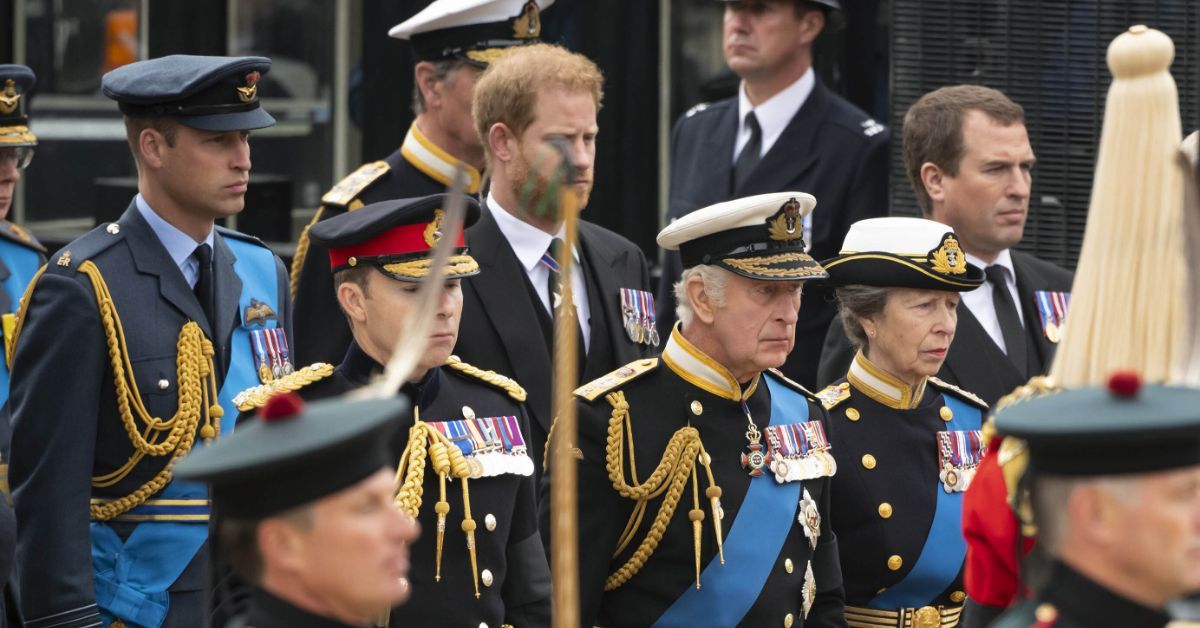 Prince William, Prince Harry, King Charles III, Princess Anne, Prince Andrew and Prince Edward