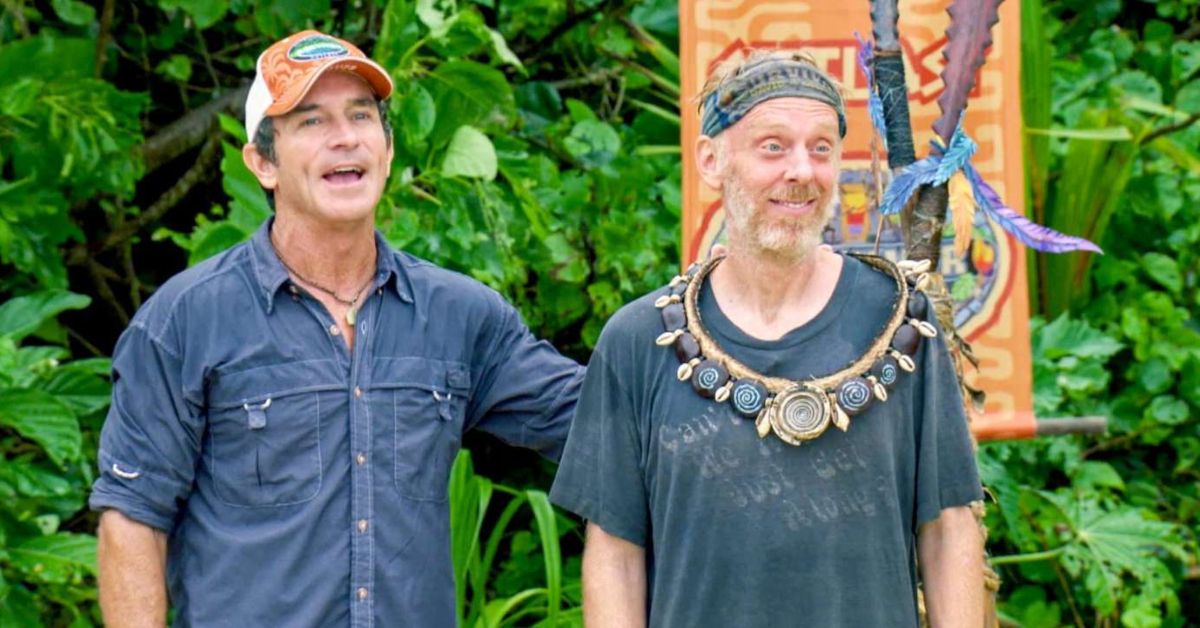 Survivor's Mike White and Jeff Probst after an immunity challenge