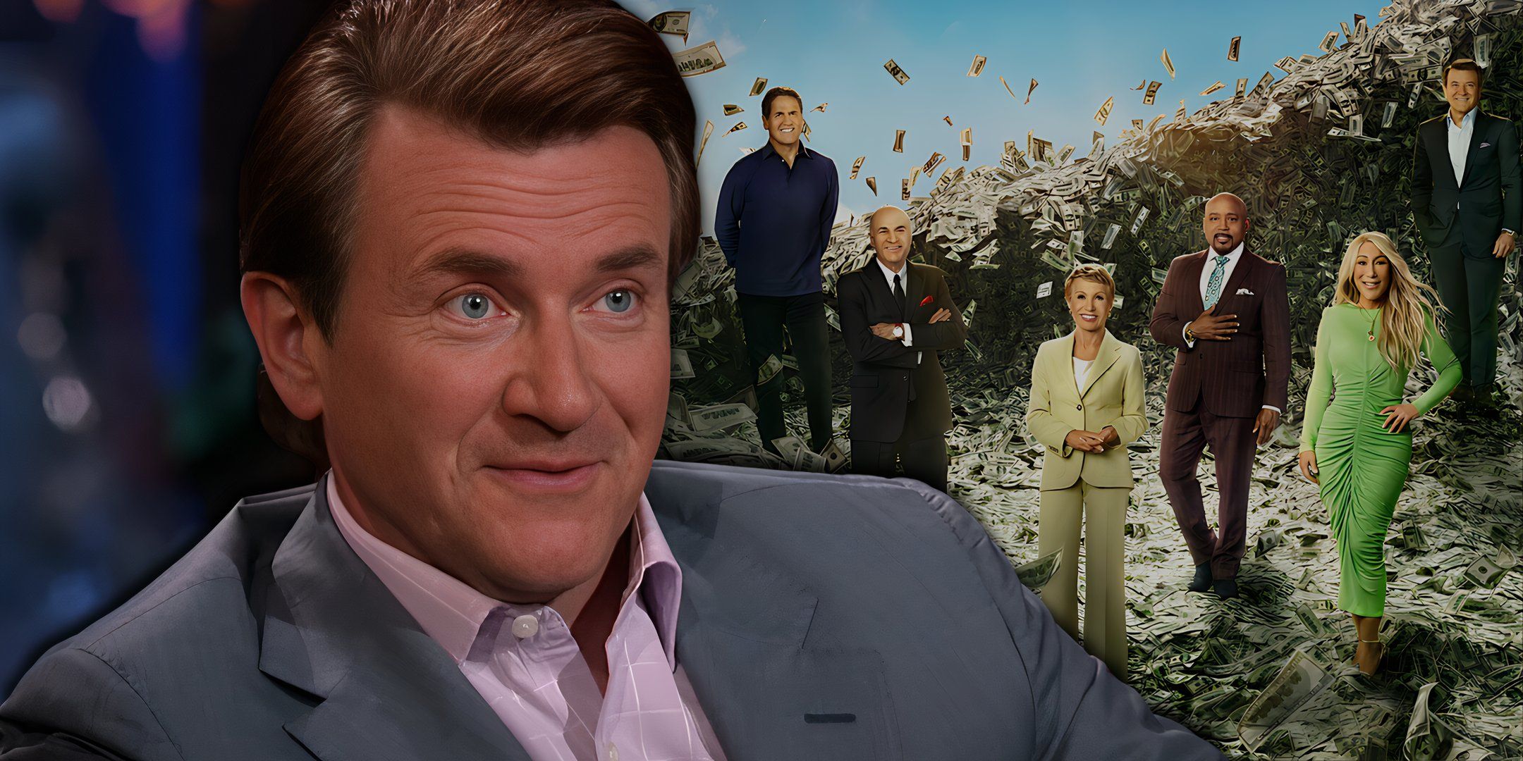 Collage of Robert Herjavec reacting to a Skark Tank pitch and the Shark Tank cast
