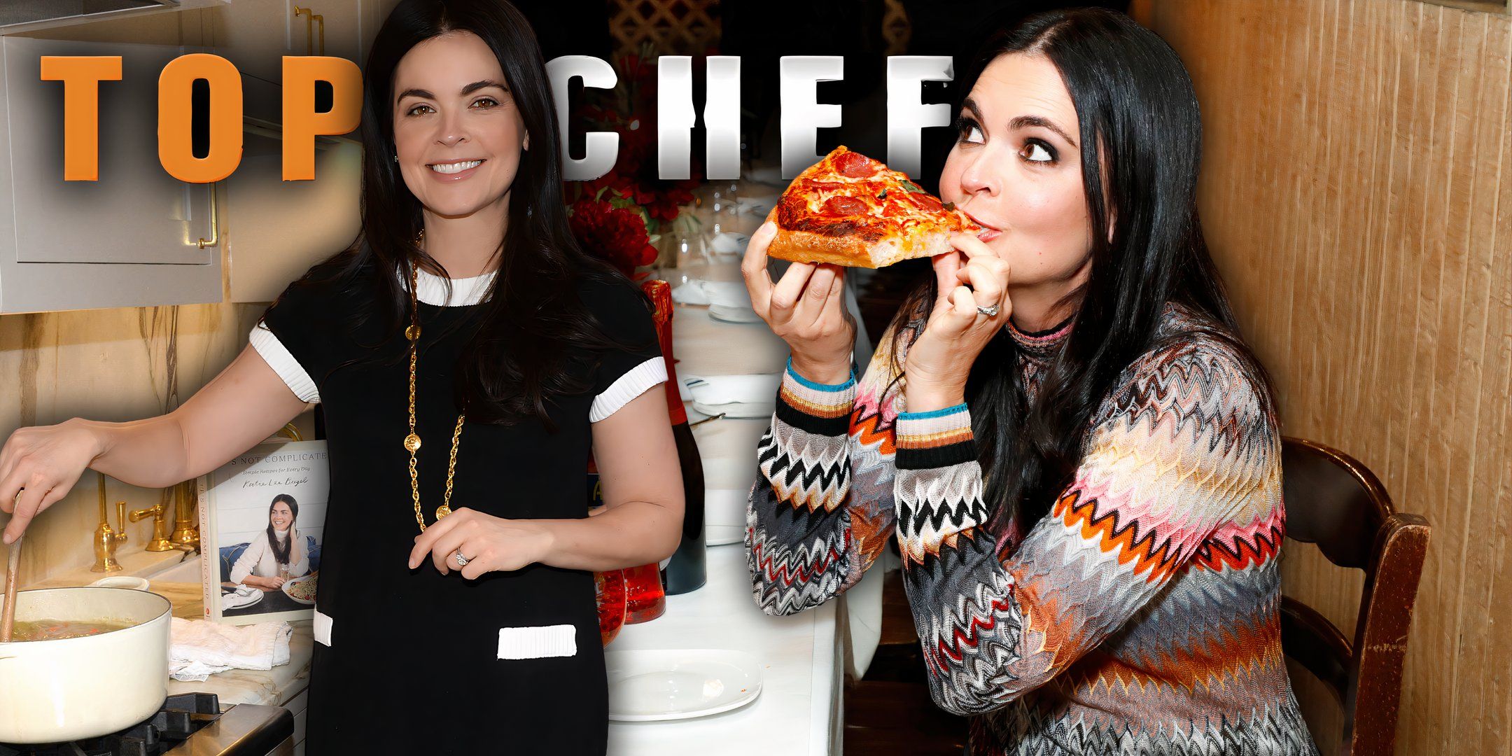 Kathie Lee cozinhando, Kathie Lee saboreando pizza e o logotipo do Top Chef