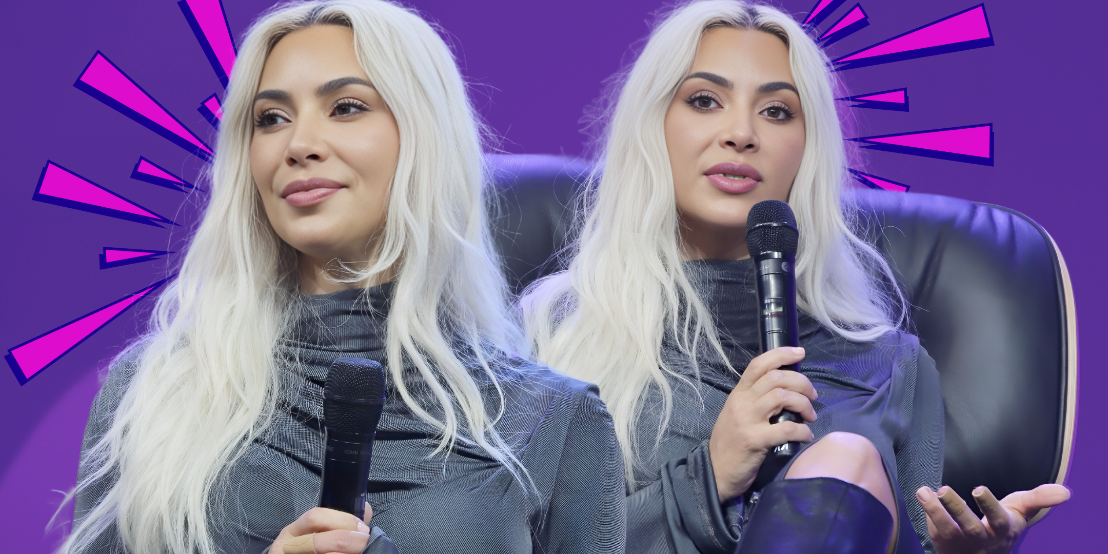 Kim Kardashian se separou diante de um fundo roxo