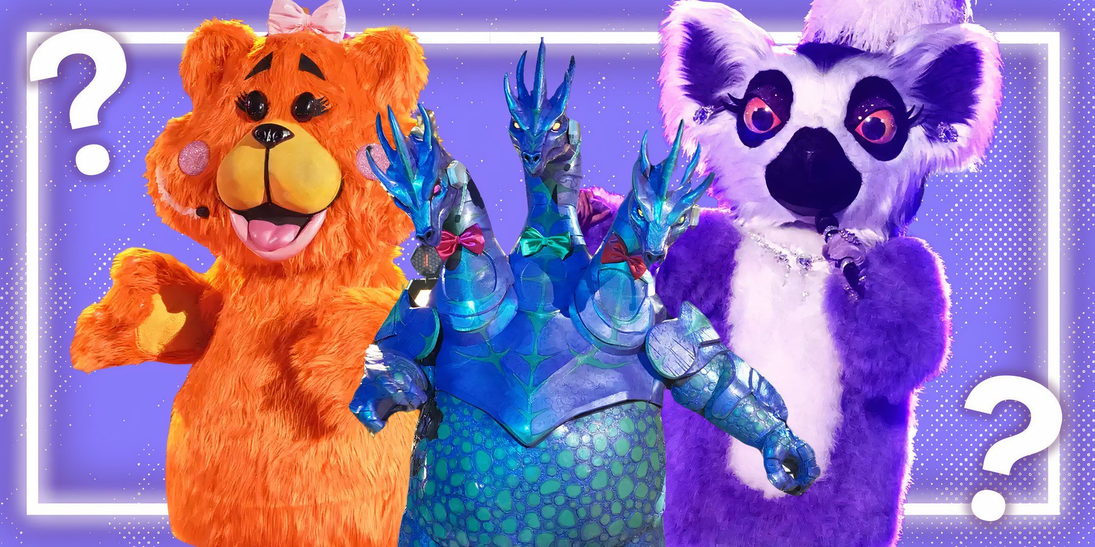 Masked Singer costumes with question marks in the background