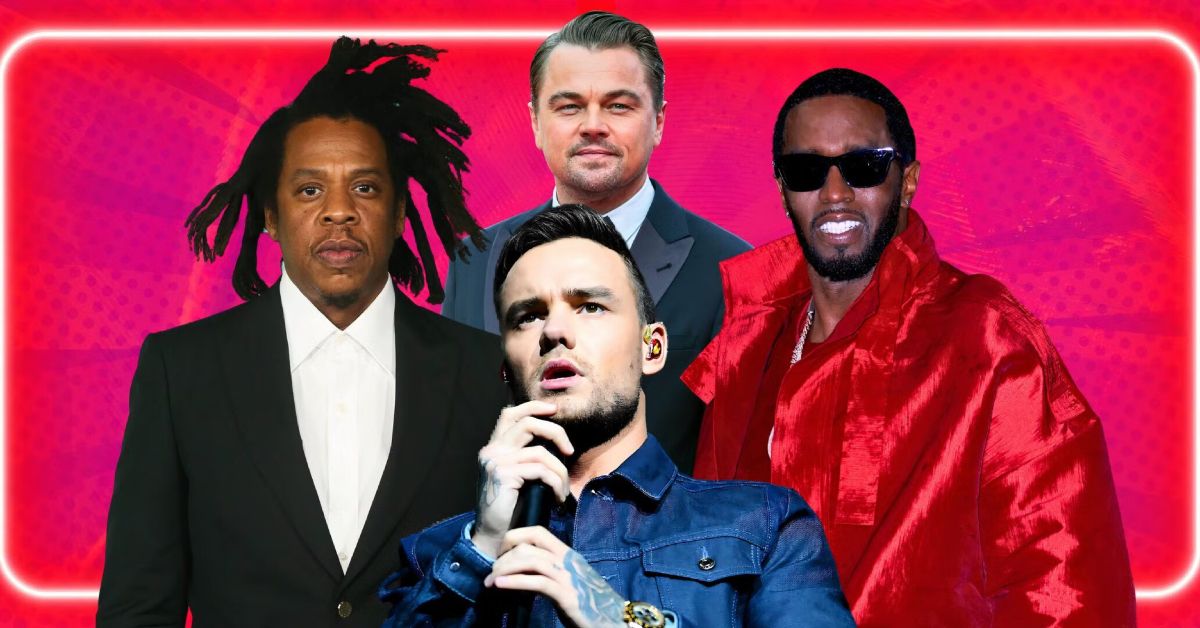 Liam Payne, Jay-Z, Sean Diddy Combs, and Leonardo DiCaprio in front of a red background