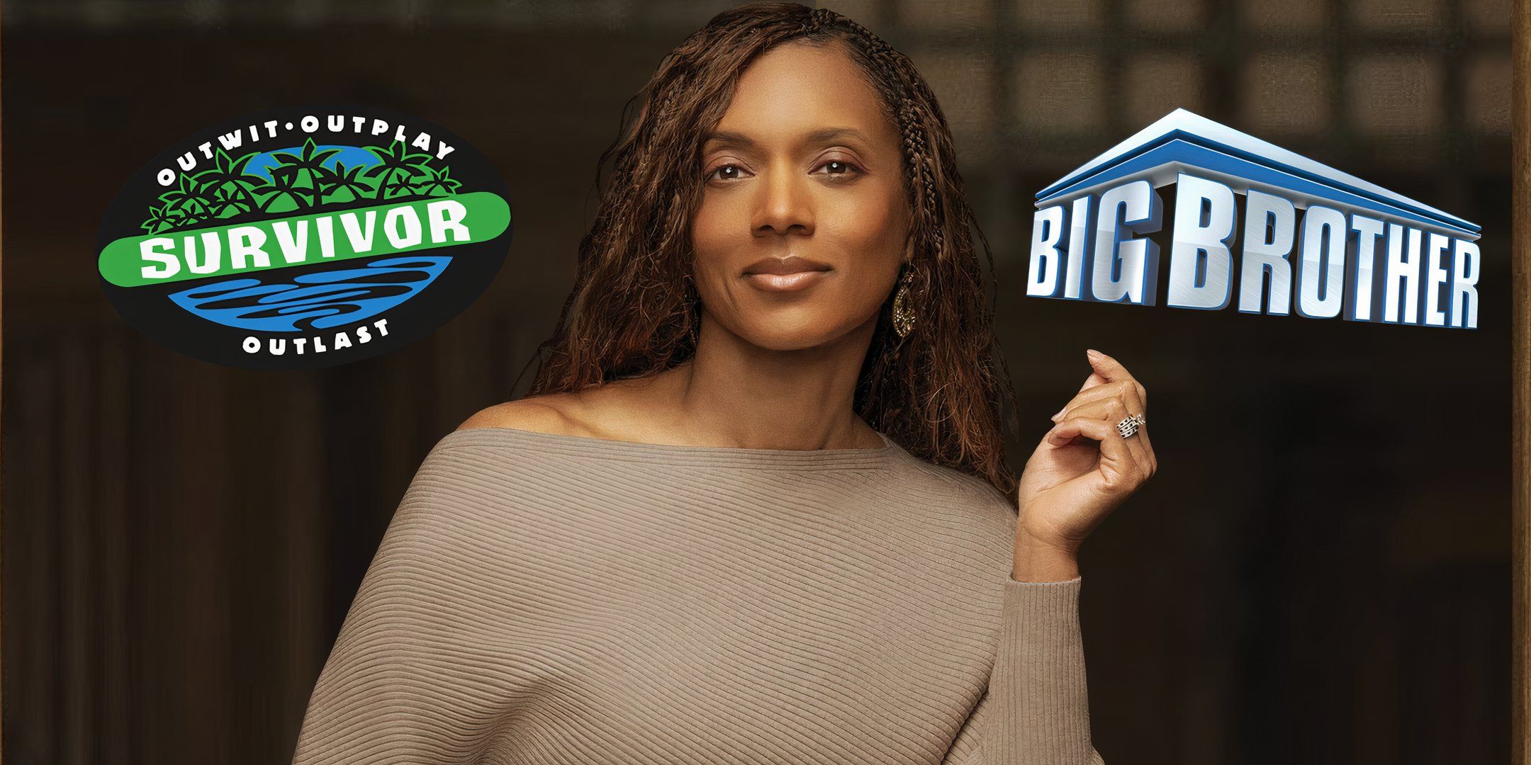 Danielle Reyes with the Survivor and the Big Brother logos