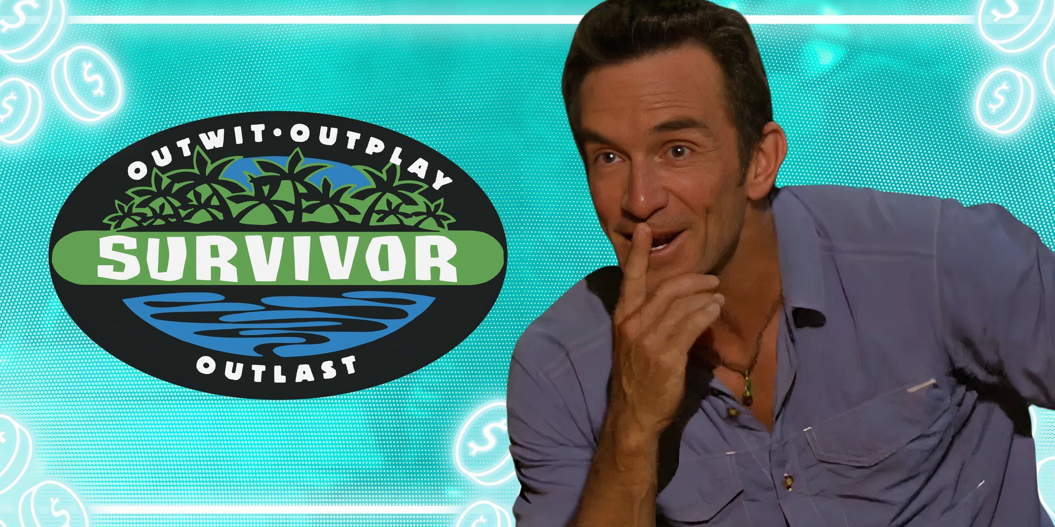 Jeff Probst with the Survivor logo in the background