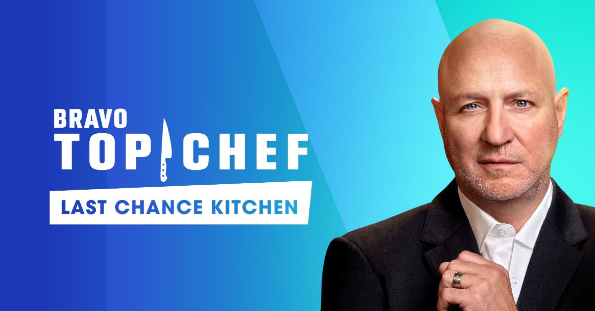 Top Chef's Tom Colicchio with the logo of Last Chance Kitchen