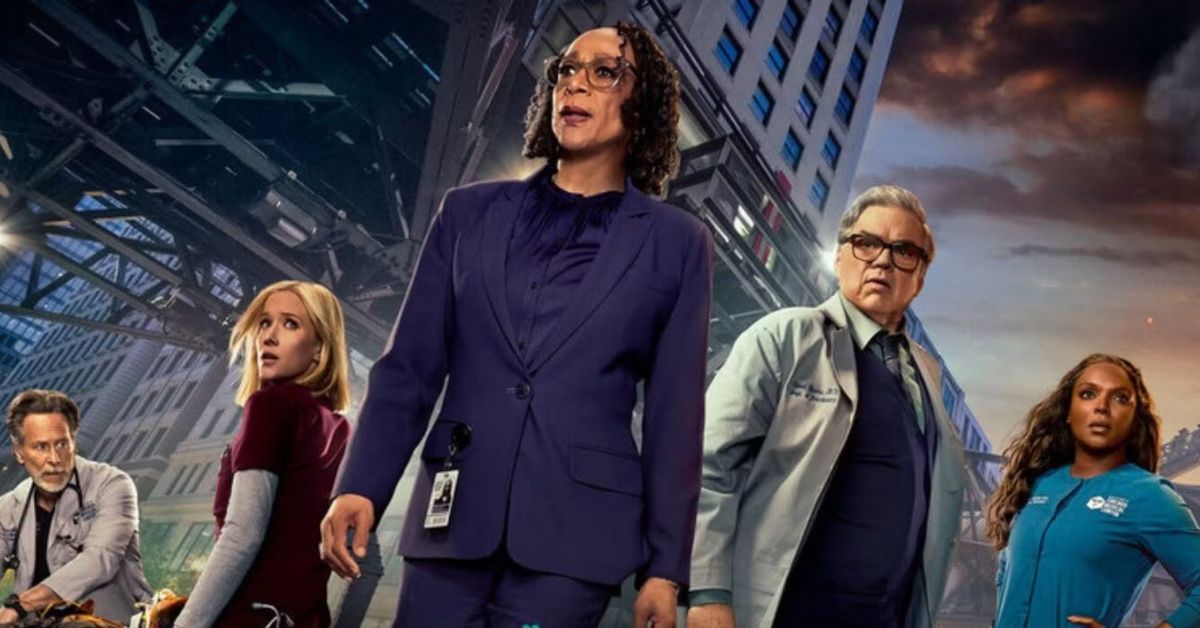 Chicago Med's Steven Weber, Jessy Schram, Oliver Platt, Marlyne Barrett, and S. Epatha Merkerson looking serious