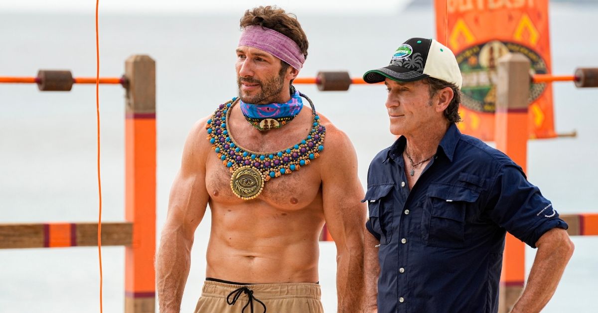 Survivor's David Kinne and Jeff Probst after a challenge