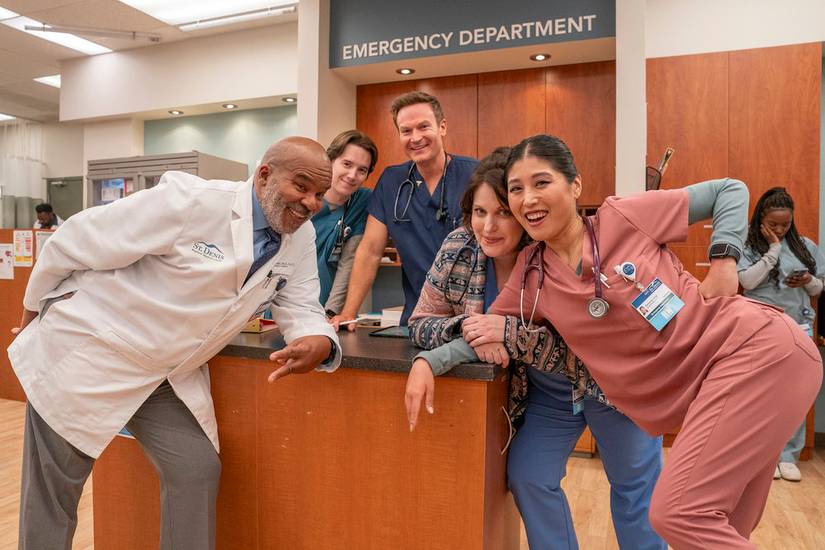 David Alan Grier, Mekki Leeper, Josh Lawson, Allison Tolman and Kahyun Kim of St. Denis Medical