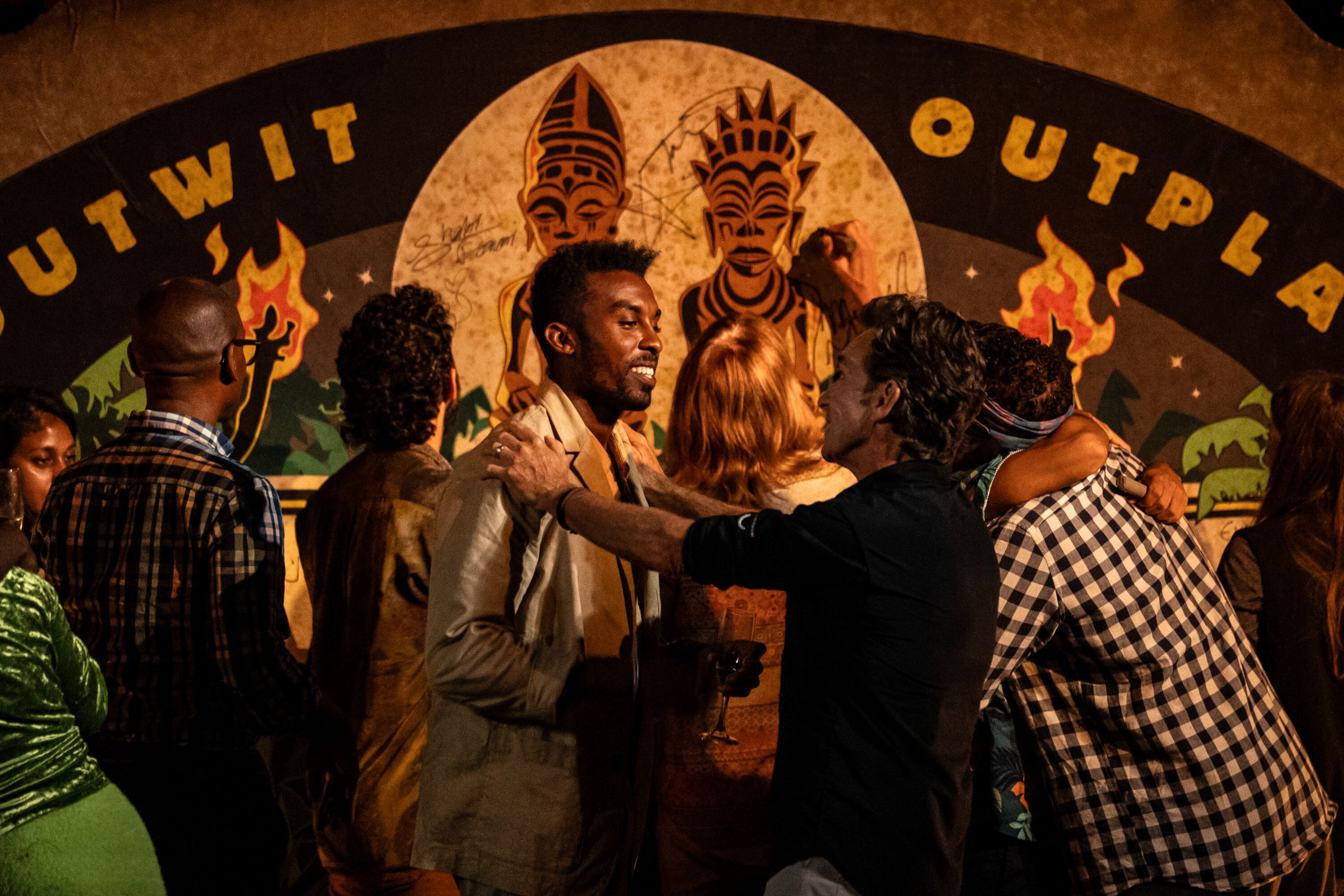 Survivor's Jeff Probst congratulating Kyle Fraser