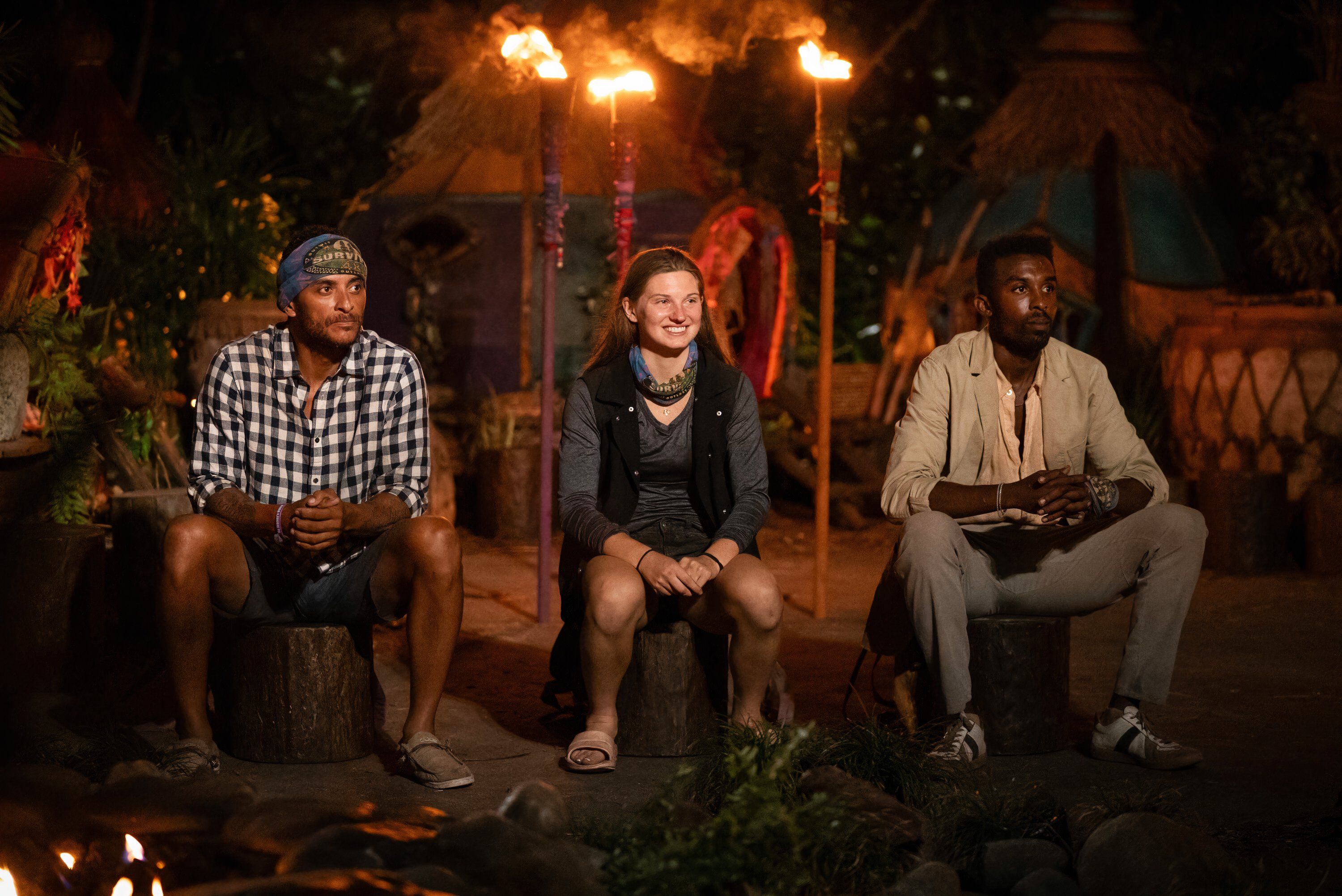Survivor's Joe Hunter, Eva Erickson, and Kyle Fraser sitting beside each other