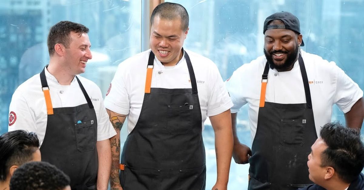 Top Chef's Tristen Epps, Shuai Wang, and Vincenzo Vinny Loseto laughing