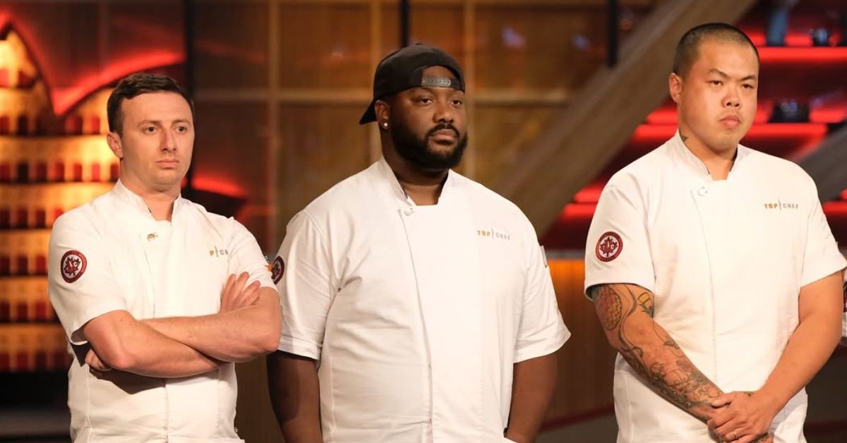Top Chef's Tristen Epps, Shuai Wang, and Vincenzo Vinny Loseto looking upset