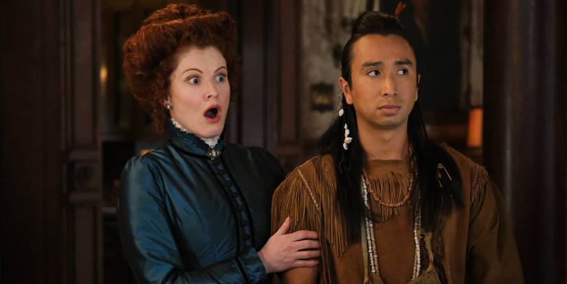 Ghosts' Rebecca Wisocky (Hetty Woodstone) and Roman Zaragoza (Sasappis) look shocked