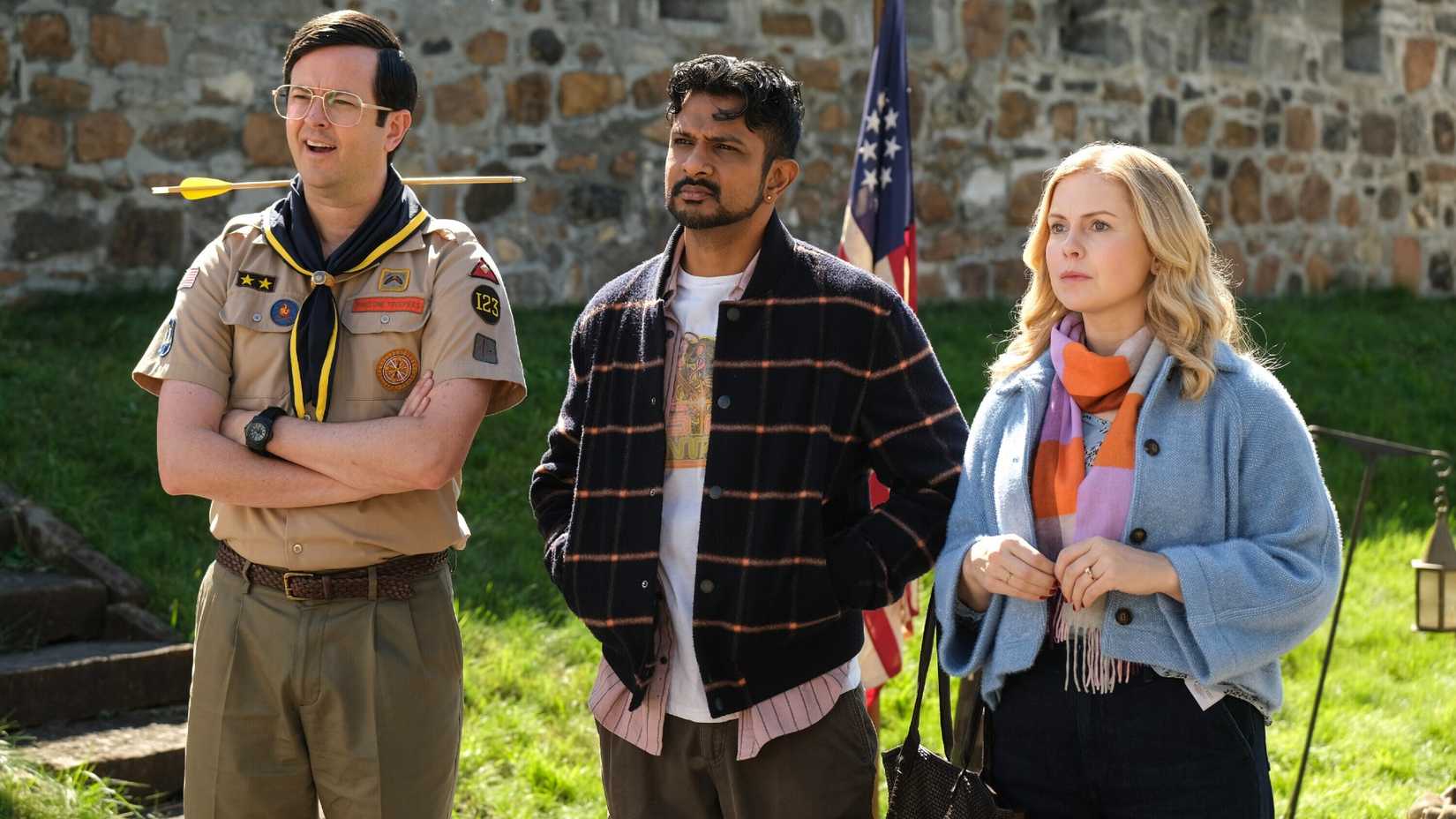 Ghosts Stars Richie Moriarty (Pete), Utkarsh Ambudkar (Jay), and Rose McIver (Sam) Standing Outside of Woodstone Mansion