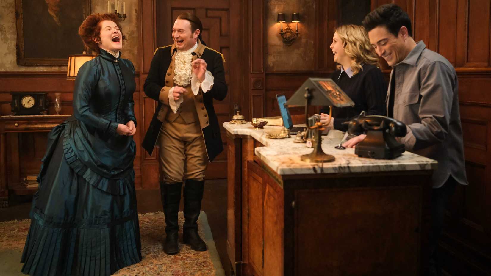 Ghosts' Rebecca Wisocky (Hetty), Brandon Scott Jones (Isaac), Rose McIver (Sam) and Ben Feldman (Kyle) Laughing Together