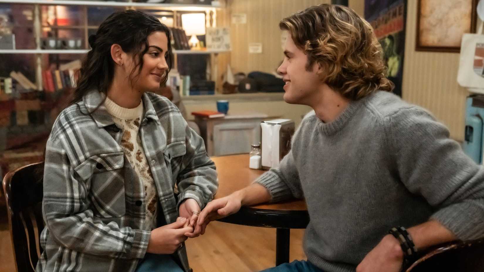 Alice (Sadie Laflamme-Snow) and Nick (Samuel Braun) from The Way Home look into each other's eyes