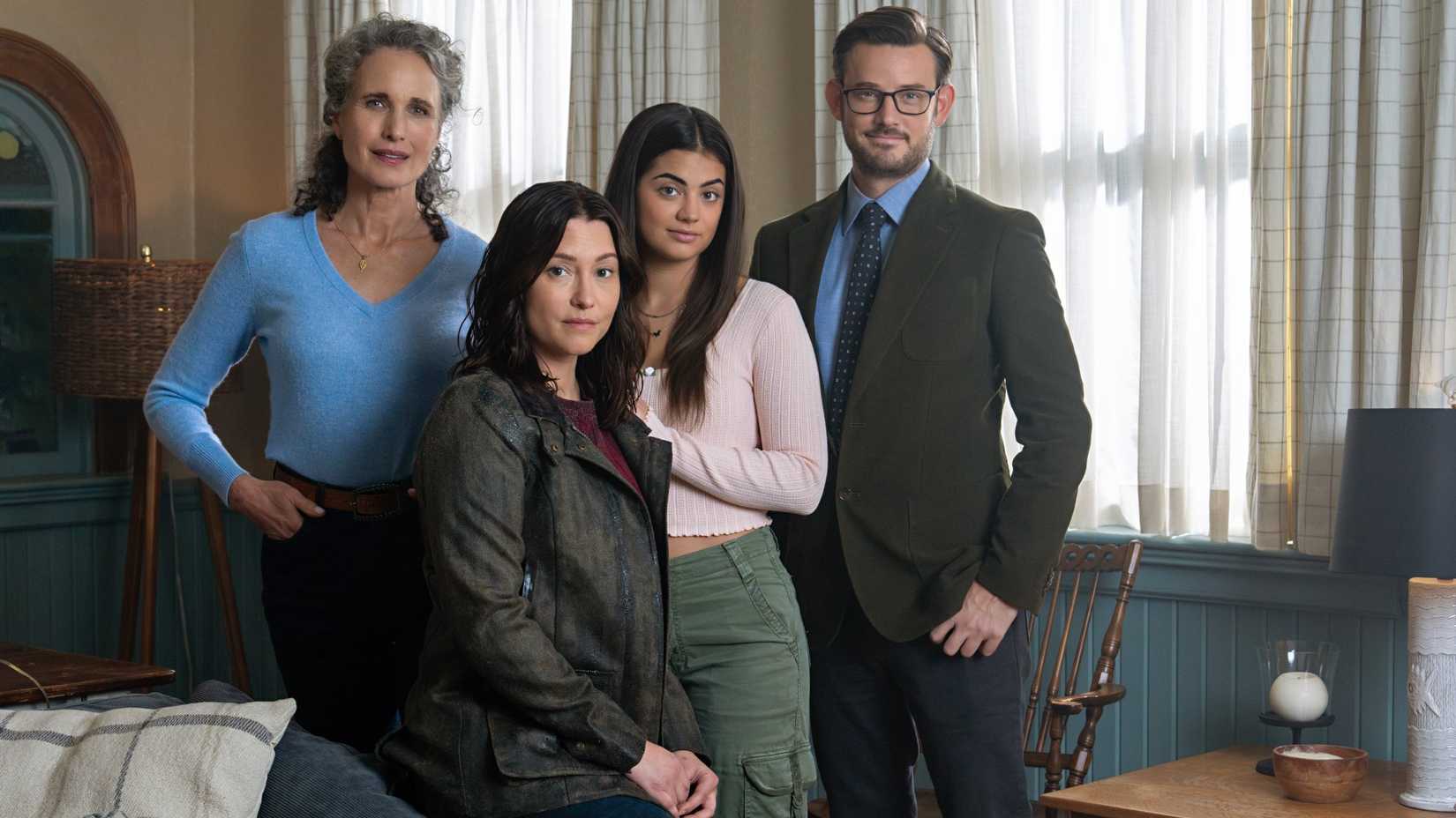 Andie MacDowell (Del), Chyler Leigh (Kat), Sadie Laflamme-Snow (Alice) and Evan Williams (Elliot) from The Way Home pose together