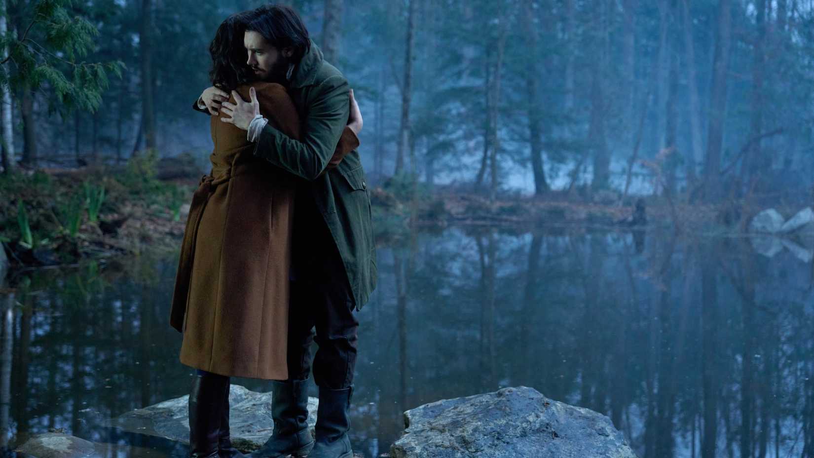 Jacob Landry (Spencer MacPherson) from The Way Home hugs someone at the pond
